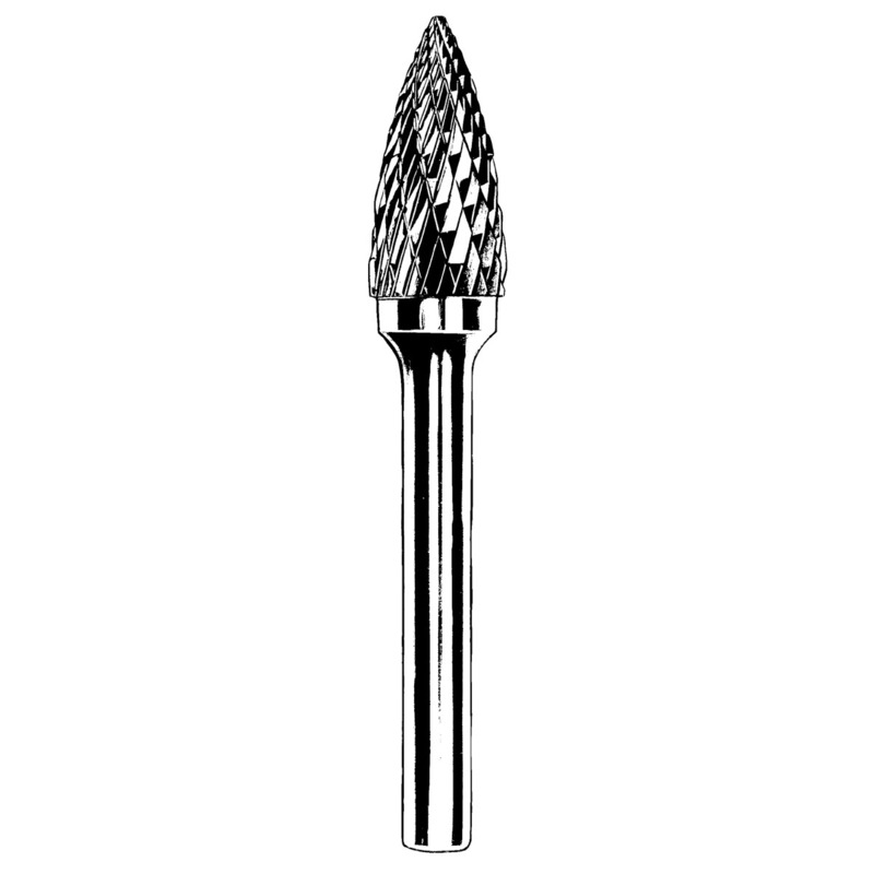 Carbide Burr, 1/8" (3 mm) Dia., SG-44 D/C Burr, Tree-Radiused End, 1/2" Flute L, 1/8" Shank